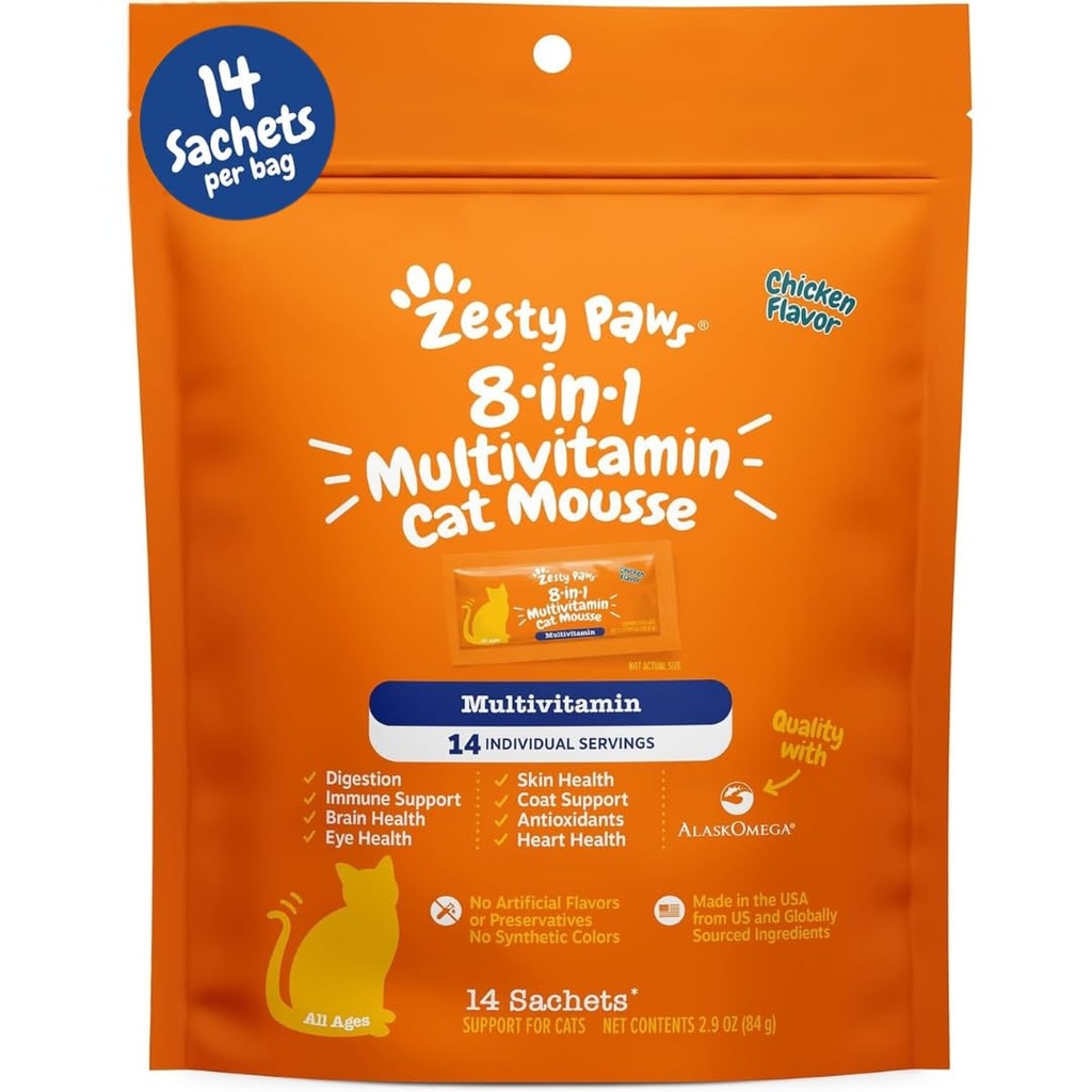 Zesty Paws 8- in-1 Multivitamin Cat Vitamíny a doplňky Mousse - Cat Vitamíny pro vnitřní kočky - Zdravý lék Squeeze Up pro gut, imunitní, srdce, kůže & Coat Support - Chicken 14ct