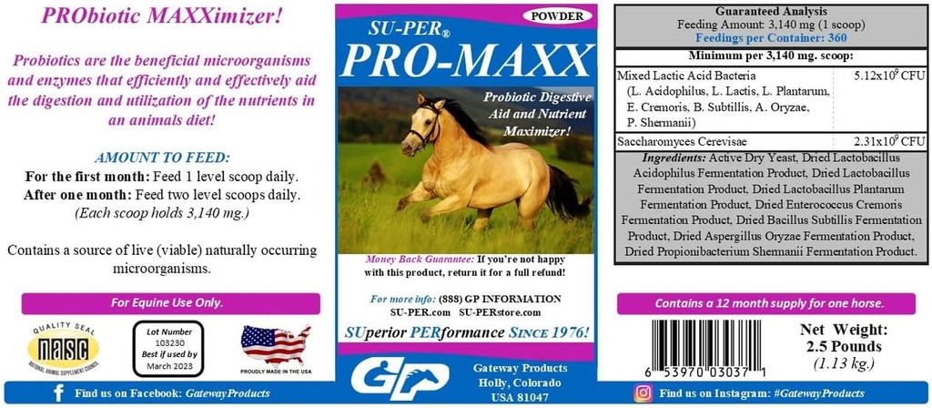 SU- PER Pro- Maxx Probiotika pro koně - Equine Digestive Aid and Nutrient Maximizer - Udržuje správné zdraví a mikrobiální rovnováhu - 2,5 libry, (2 balení)