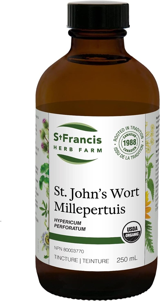 St. Francis Herb Farm St. John 's Wort Bylinné tinktury kapalné 124; Pomáhá zmírnit neklid & nervové 124; Tradiční Bylinné Sedativní 124; Organické CUR 124; Non- GMO 124; Lactose-Free CU124; (250ml)