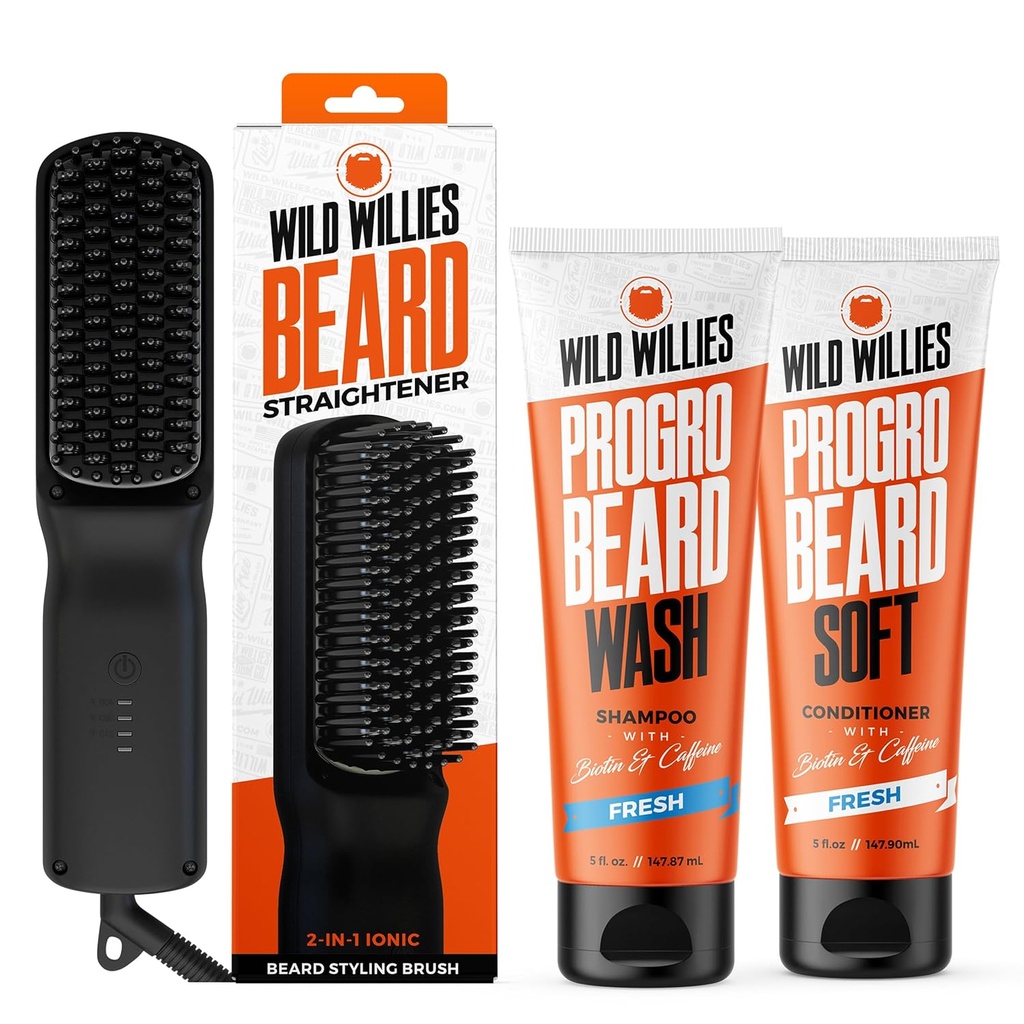 Wild Willies Beard Grooming Kit - Beard Straightener pro muže, PROGRO - Opevněné biotin & kofein pro růst vlasů, mytí, Hydratace - Ionic 2in-1 vyhřívaný Comb Brush, Made in USA