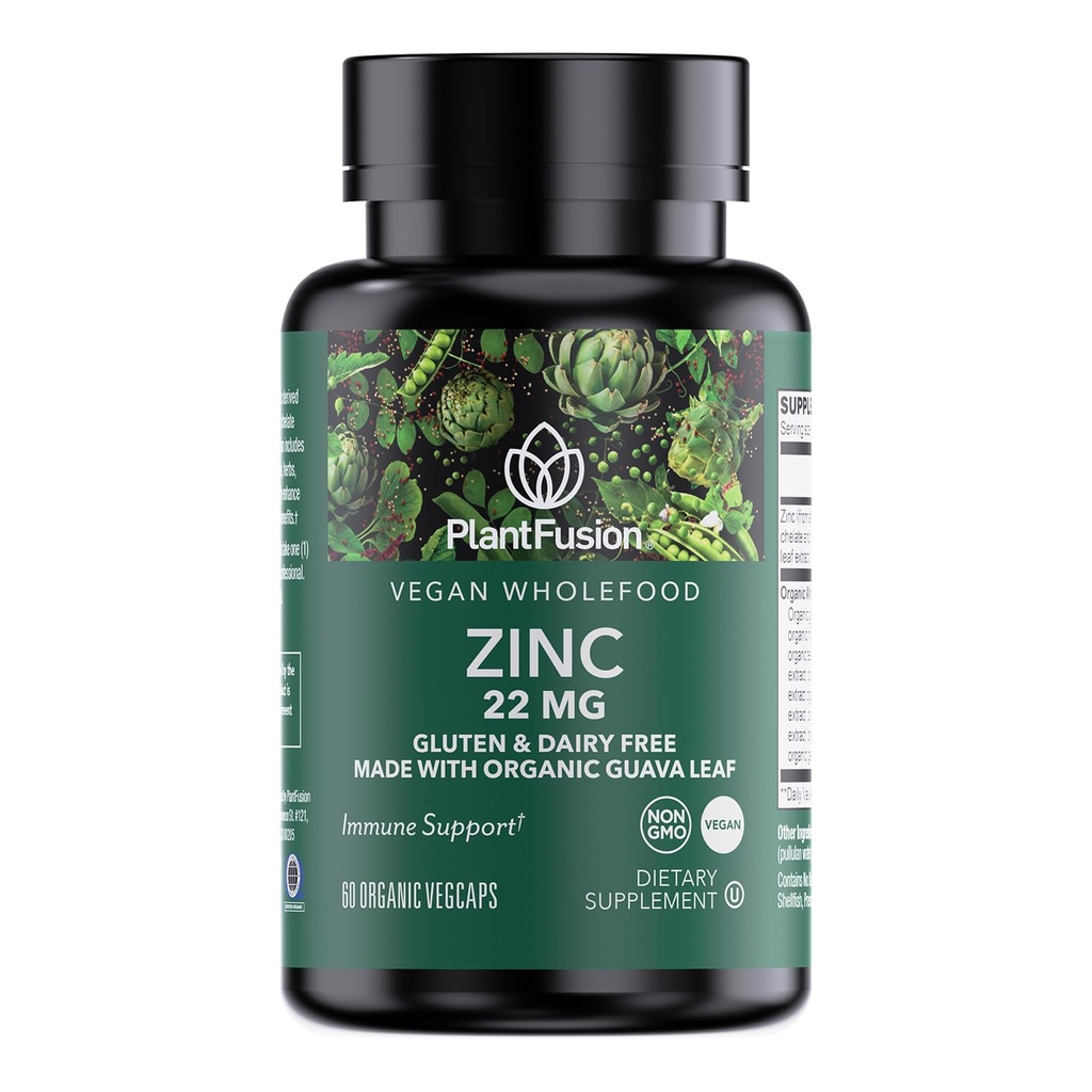 PlantFusion Vegan Zinek Doplňky 22 mg - Wholefood Complex, Chelated Zinek Citrát z Organic Guava Leaf pro imunitní podporu, 60 Kapsle