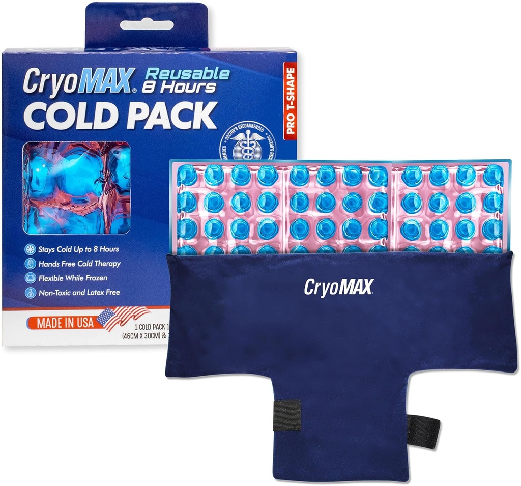 CryoMAX Reuse Cold Pack - 8- hodinová dlouhotrvající studená terapie Ice Pack, nastavitelné tlakové pásy, nejlepší pro úlevu od bolesti, zranění, oplachování kyčelního kloubu a migrény - T- Shape (1 Počet)