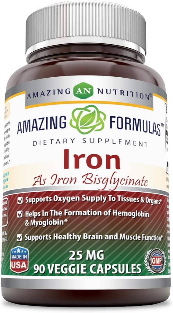 Úžasné Iron jako železo Bisglycinate 25 Mg Veggie Kapsle (Non- GMO, gluten zdarma) - Podporuje dodávky kyslíku do tkáně & organs- Pomáhá při tvorbě hemoglobinu a myoglobin. (90 Veggie Kapsle)