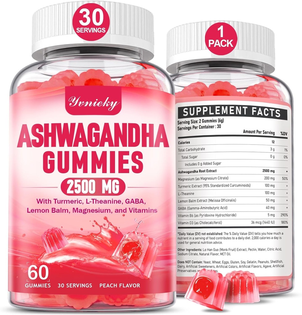 Ashwagandha Gummies 2500mg pro ženy a muže: Ashwagandha dodatek Gumma Extra Strength s kurkumou, Vitamin D3, L-Theanine, Magnesium - Plněné gumy, Jahodová Flavor, Vegan, Non- GMO