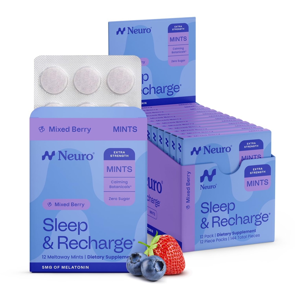 Neuro Melatonin 5mg Spi & Dobíjecí mincovny (144 kusů) - Rychlé rozpuštění melatonin cukr zdarma minty s citrónovým balzámem & heřmánek pro lepší spánek - Klidný spánkový doplněk pro dospělé - Night Berry Flavor