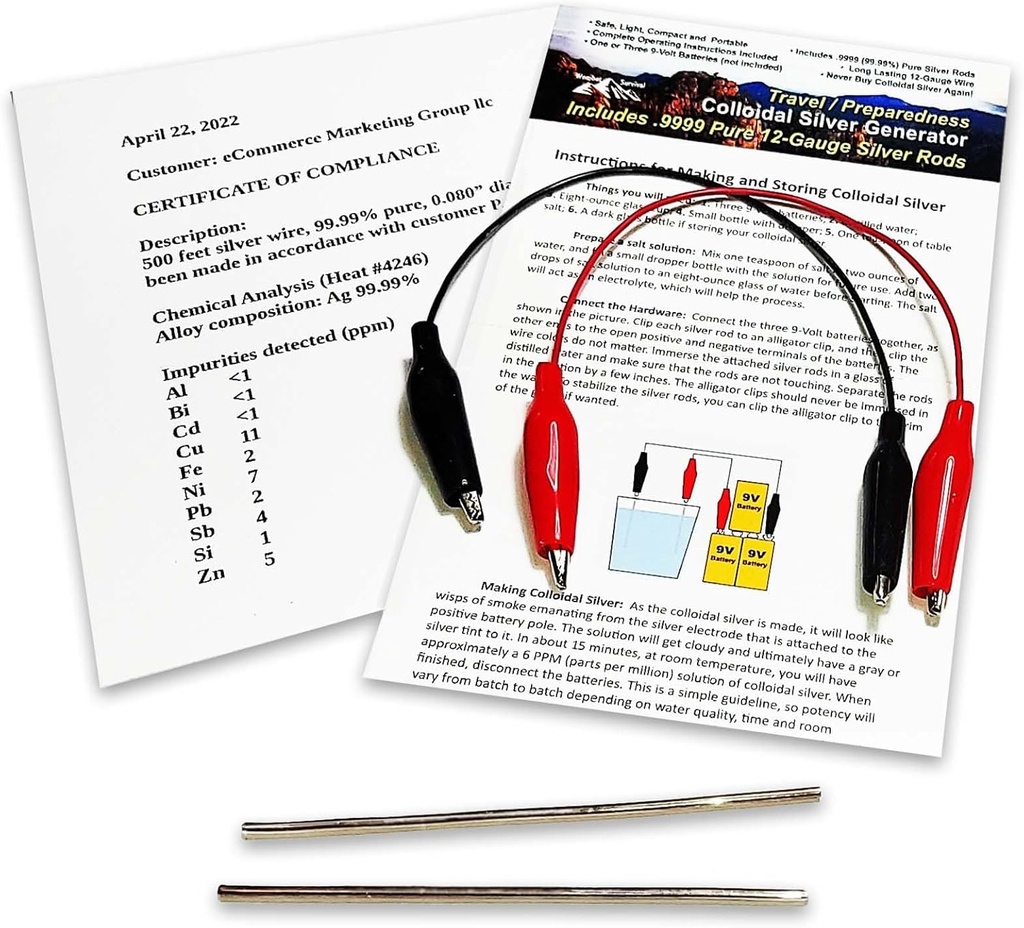 Koloidní stříbrný vodič 99,99% čistý 12- Gauge (0,08 v. / 2.06 mm) Sada (2) 4- Inch Ruds + Mini / Cestovní generátor - Obsahuje Wires + Kompletní instrukce