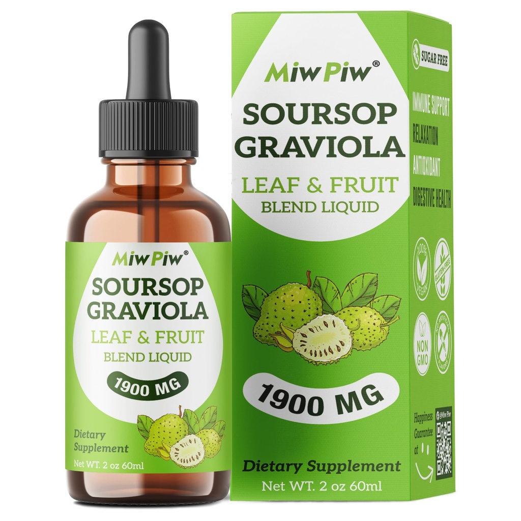 Soursop Graviola Liquid Drops 1900MG 2Fl Oz, Soursop Hořký Leaf Extract doplňky, Sleep Relax Support a Imunity Boost - Cukr zdarma, přírodní příchuť, Bylinné dobro