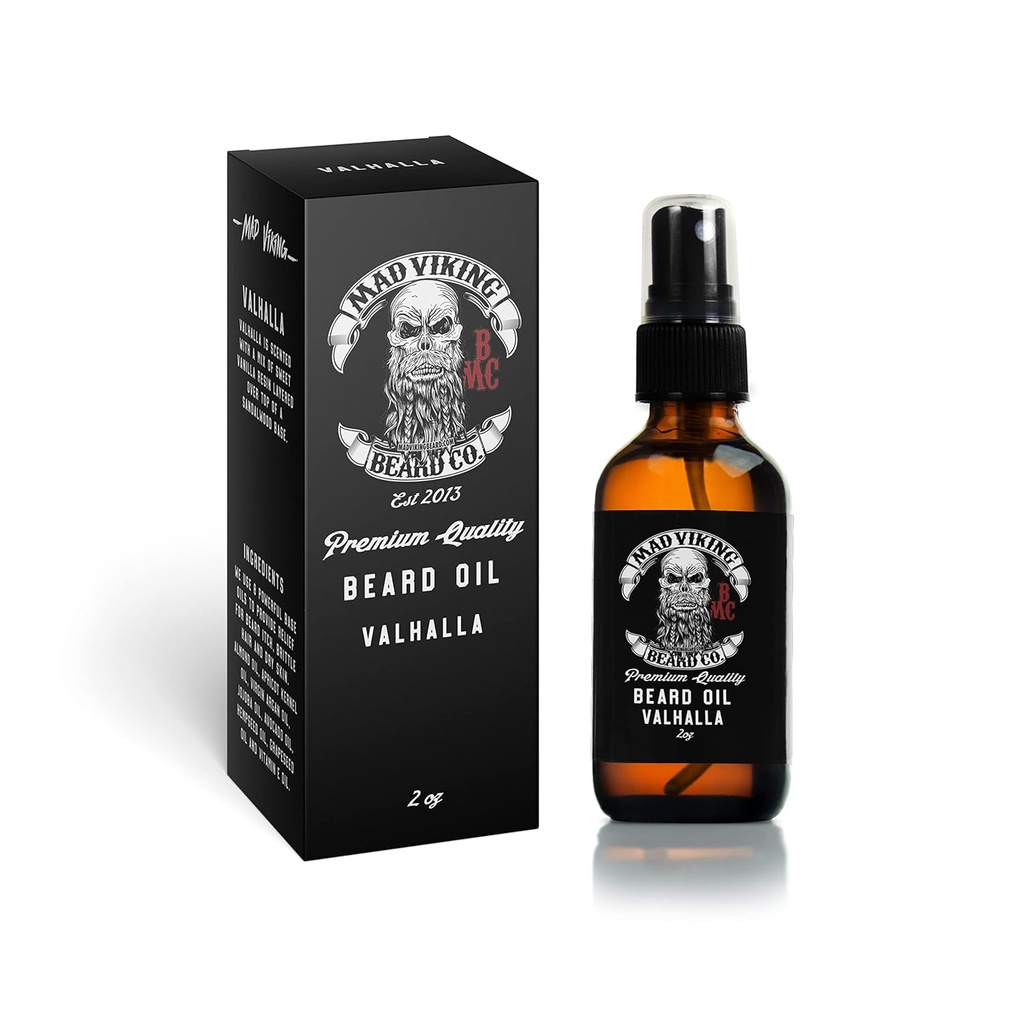 Mad Viking Valhalla Beard Oil - Hydratovat, změkčit a pěstovat své vousy přirozeně. Fight Itch and Dandruff With A Smooth Sandalwood & Vanilla Scent, Made In The USA - 2oz