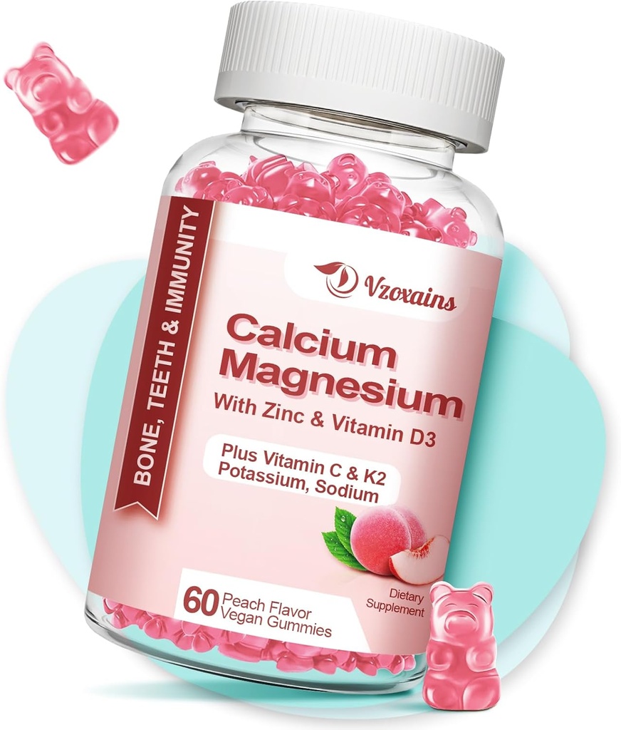 Vysoce absorpční vápníkové gumy, bezcukerné hořčík zinečnaté gumy s vitamínem D3 pro muže a ženy, broskvové ochucené 60 Cts