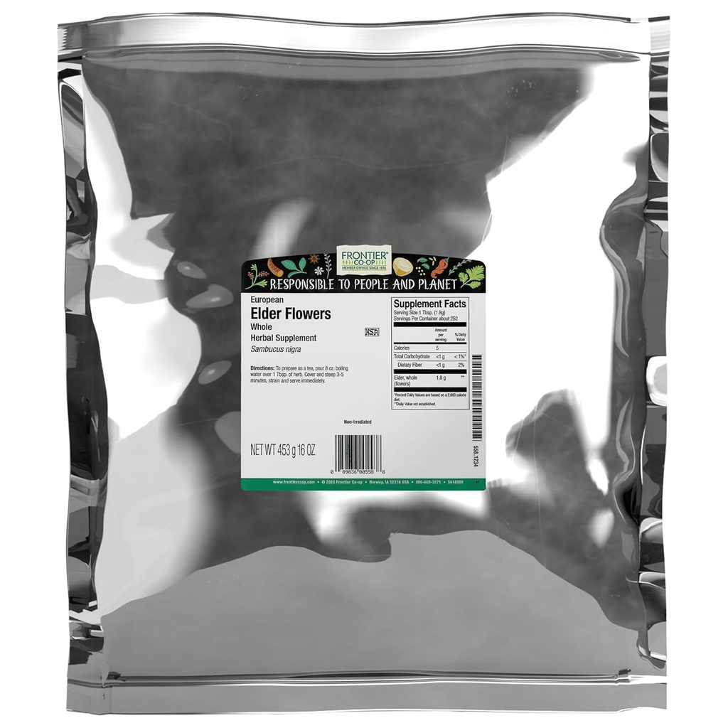Frontier Co- op Sušené starší květiny, 1lb Bulk Bag 124; Evropská celá sušená elderflower pro kulinářské a bylinné použití 124; Ideální pro Elderflower čaj, Kosher