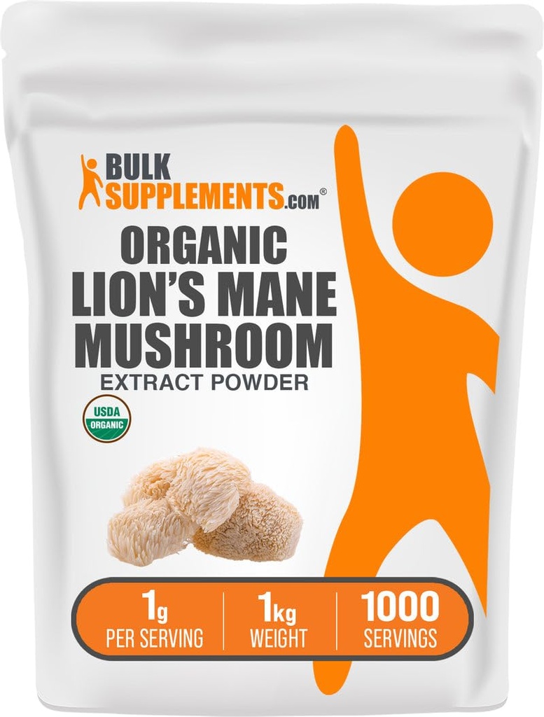 BulkSupplements.com Organic Lion 's Mane Houby Extract Powder - Lions Mane Supplement Powder, Superfood for Well- Being - Vegan, 1g per Serving, 1kg (2,2 lbs) (balení po 1)