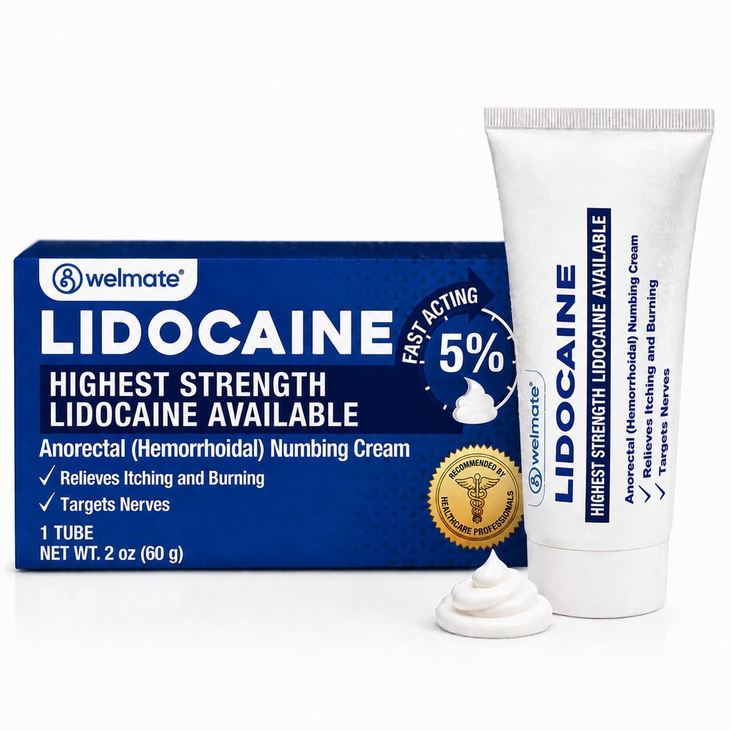 WELMATE - 5% Lidokain Numbing Cream, 2oz (60g) - Maximální síla Lidokain Cream - Hemoroid Relief - Anestetika pro vnější použití, Vitamin E - Dětská rezistence - Topical Skin Care