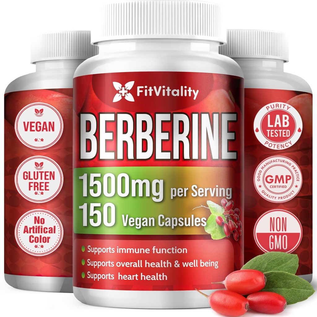Premium Berberine dodatek, 150 Kapsle - 50 Days Supply, 1500mg Berberine Per Serving, Berberine HCI, Vyrobeno ze 100% čisté a přírodní přísady, Non- GMO, gluten-Free.