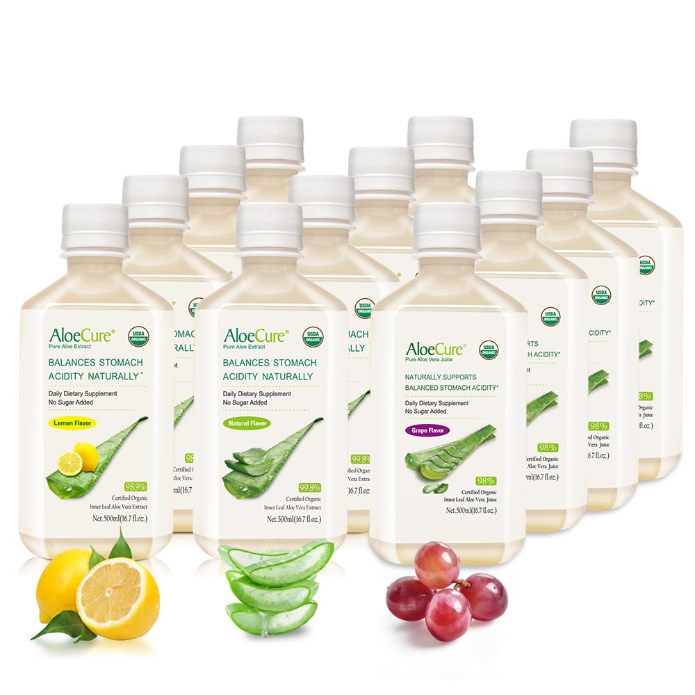 AloeCure Organic Aloe Vera Juice - 12 Lahvička Vzorek Pack - Grape, Lemon, Natural Flavor, 12x500ml