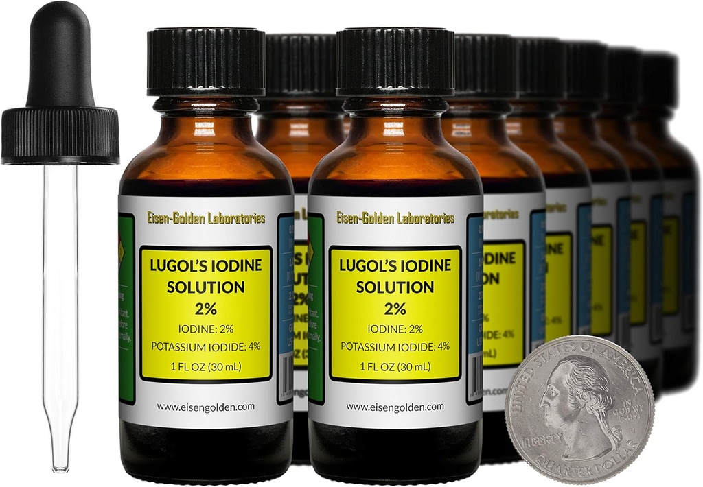 Lugol 's jód / 2% Solution / 12 Oz in Dvanáct Amber Glass Bottles / Free Droppers / USA