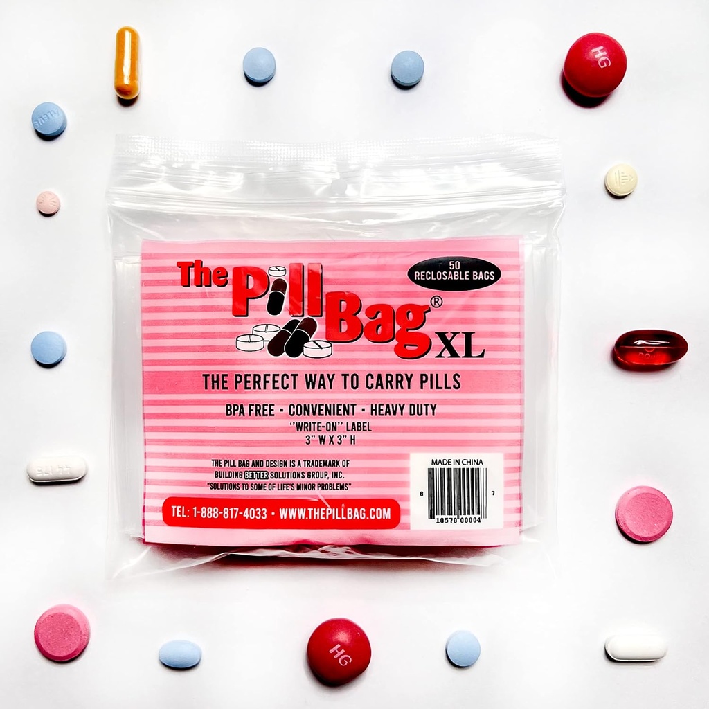 Léčebné pilulky Organizátor, Štítky pro AM / PM, Resealable, Přenosné, Jednorázové Pouches pro medicínu, Vitamíny, Gummie, Plastové Pilové sáčky pro cestování, Procházky XL Velikost 124; 100 Počet (2 balení 50)