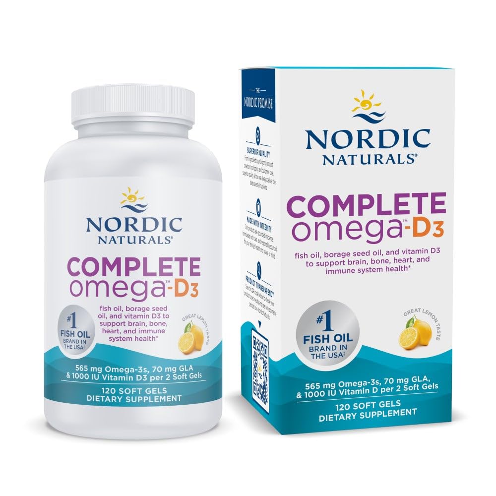 Nordic Naturals Complete Omega-D3, Lemon Flavor - 120 Soft Gels - 565 mg Omega33 + 70 mg GLA + 1000 IU vitaminu D3 - EPA & DHA - Zdravá kůže, kognitivní, pozitivní nálada - Non- GMO - 60 Služeb