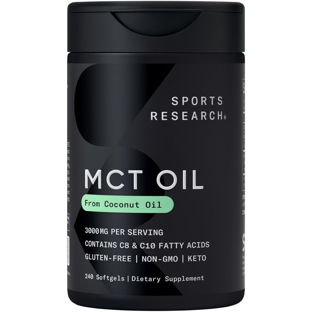 Sportovní výzkum Keto MCT olejové pilulky z kokosové oleje 124; Keto palivo pro mozek & tělo - Non- GMO ověřené, Soy & gluten zdarma tekuté softbely (240 Počet)