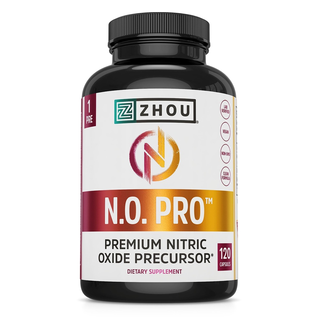 Zhou N.O. Pro - Prémiový doplněk oxidu dusnatého pro muže a ženy, srdce, svalovina a krevní podpora s řepou Root & L Arginin, přírodní oxid dusičný Booster - 120 Veggie Kapsle