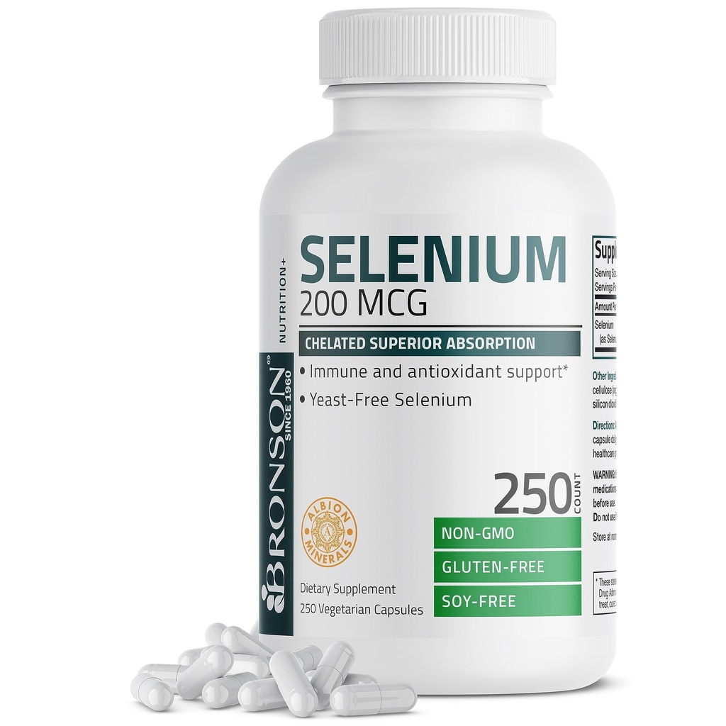 Bronson Selenium 200 mcg - Kvasinky Free Chelated Amino Acid Complex - Esenciální stopový minerál s nadřazenou absorpcí, 250 Vegetariánských kapslí