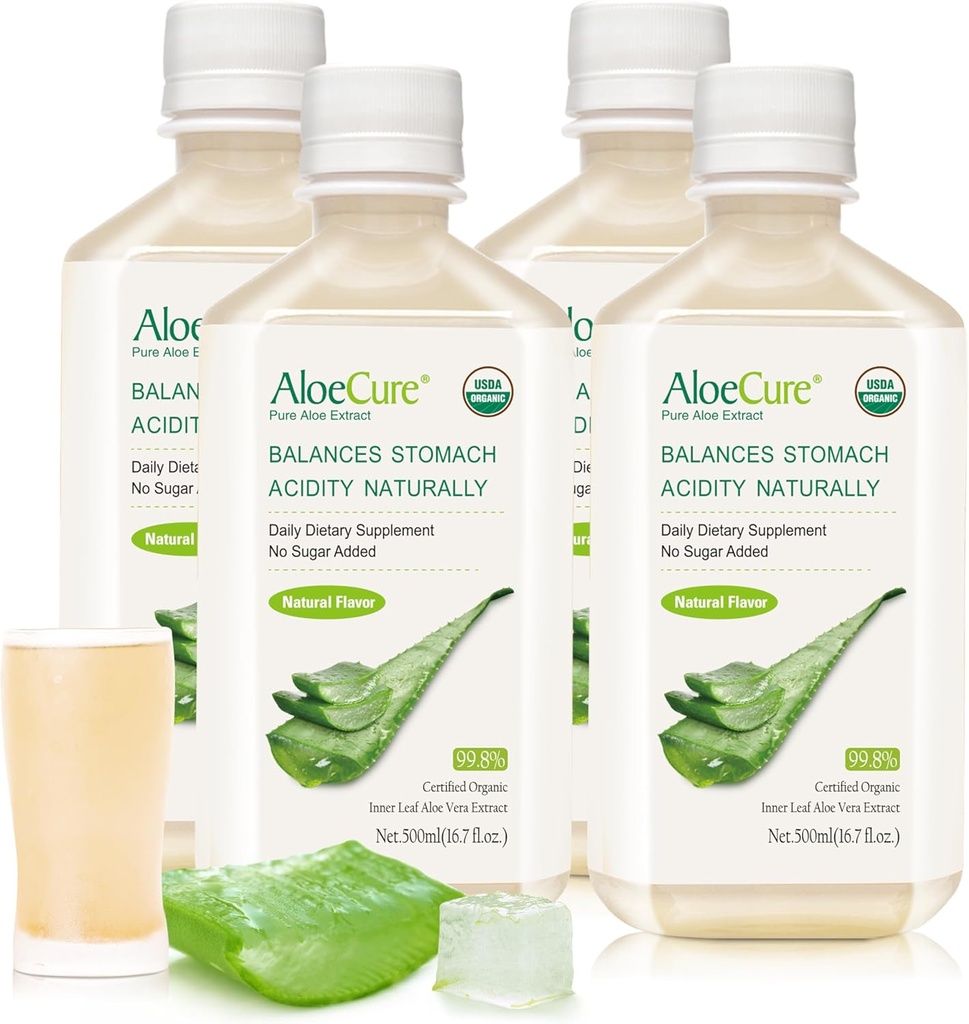 AloeCure USDA Organic Aloe Vera Juice Made within 12 hrs of Harvest - Čisté Aloe Juice Natural Digestion Doplněk k podpoře trávení, imunitní systém a vyvážená kyselost žaludku, 4 x 500ml Lahvičky