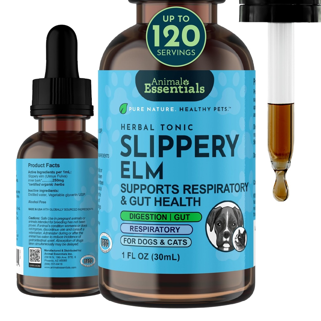 Animal Essentials Slippery Elm - Slippery Elm Bark Anti Diarrhea Drops for Dogs and Cats, Organic Herbal Extract for Healthy Gut, Digestive & Throat Support, Helps Acid Reflux, Liquid Formula- 1 fl oz