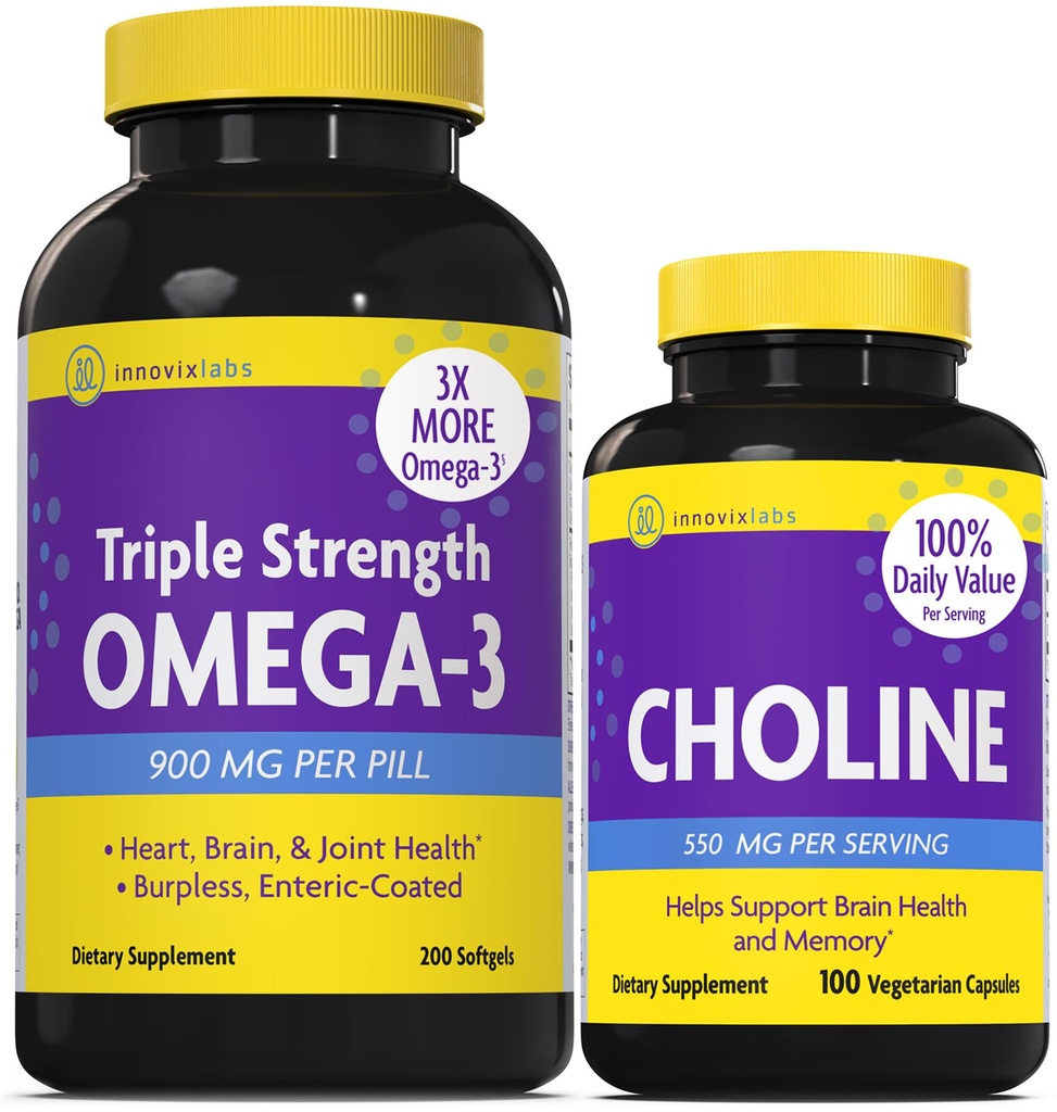InnovixLabs Cholin & Triple Omega33 Bundle Choline Bitartate 550mg (100 kapslí) Triple Strength Omega (200 Softgels). Podporuje paměť, nálada, zdraví mozku a posílení vědomí. *