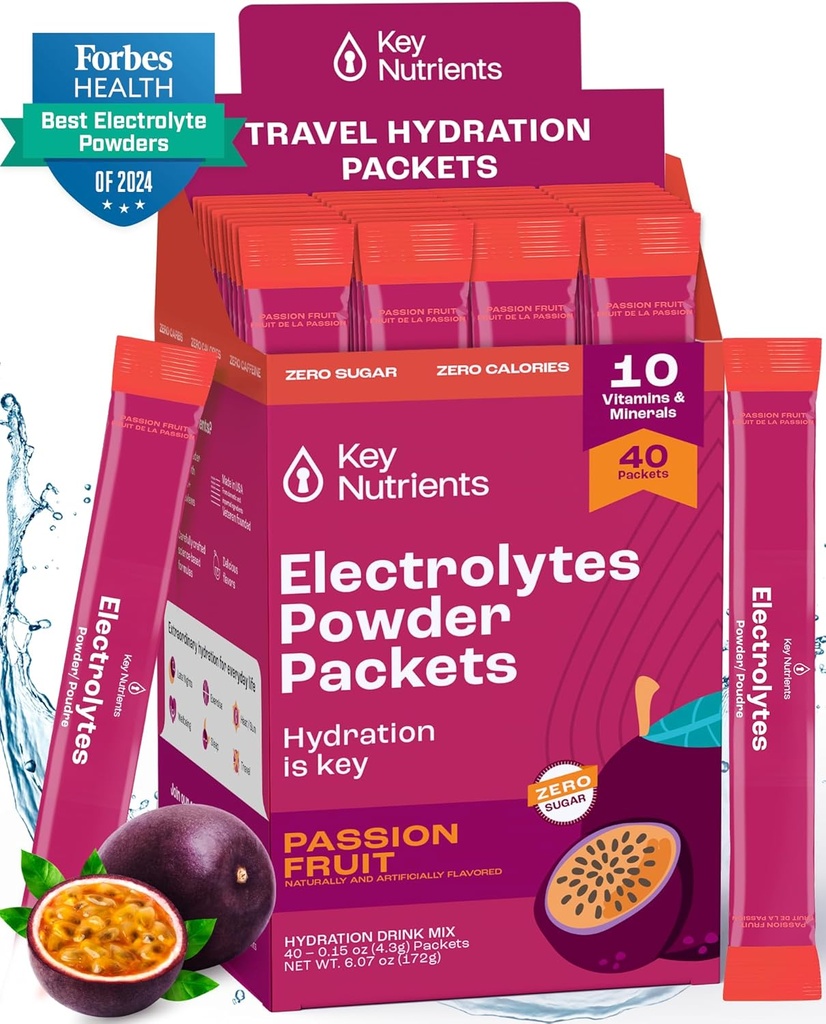 KEY NUTRIENTY Multivitamin Electrolytes Powder Packets - Delicious Passion Fruit 40 Pack Hydration Packets - Travel Hydration Powder - No Sugar, No Calories, Gluten Free - Made in USA