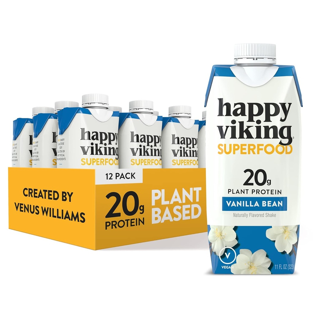 Vanilla Bean Vegan Plant Protein Shekes by Happy Viking, Vytvořil Venus Williams, 20g bílkovin, Omega33, 9 Amino kyseliny a BCAA, gluten- Free, Non-GMO, připraven k pití, balení 12 (11oz)