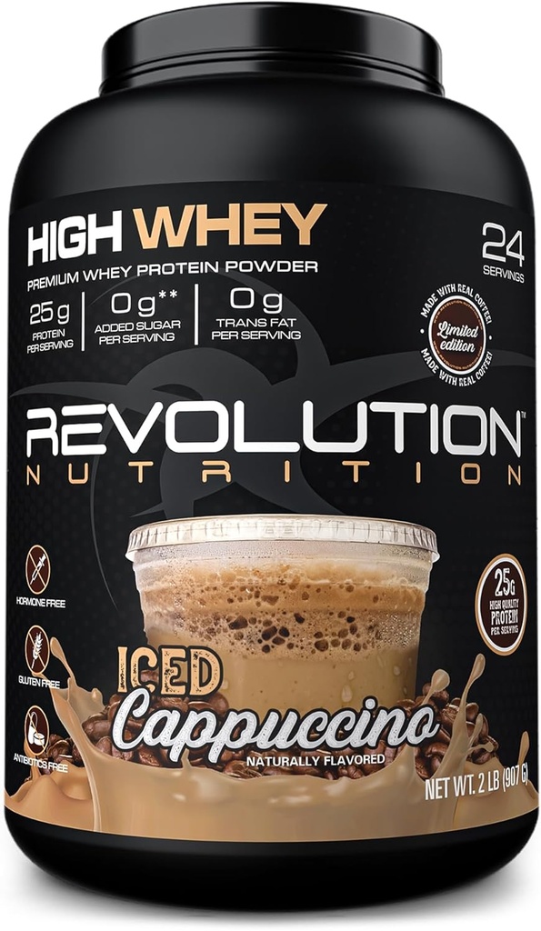 Revolution Nutrition, High Whey, Protein Powder 2LB, Whey Isolate, Gluten Free, Lean Muscle Mass for Men & Women, 25g protein per Scoop, 908 g, 24 Servings (ledové cappuccino, 2 libry)