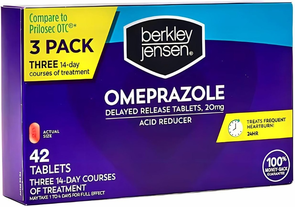 berkley jensen Omeprazol 20 mg opožděné uvolňovací tablety - Heartburn Medicine - Acid Reducer pilulky - Léky Časté Heartburn - 3 x 14denní kurzy, 42 Počet celkem (balení po 1)