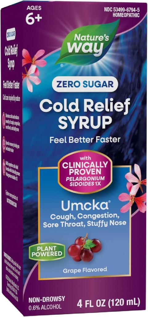 Nature 's Way Cold Relief Zero Sugar Syrup, Umcka, Homeopatická, Shortens Colds, Sore throat, Cough, Congestion, and Stuffy Nose, Fenylephrine Free, Grape Flaused, 4 Fl Oz (Balení květen Vary)