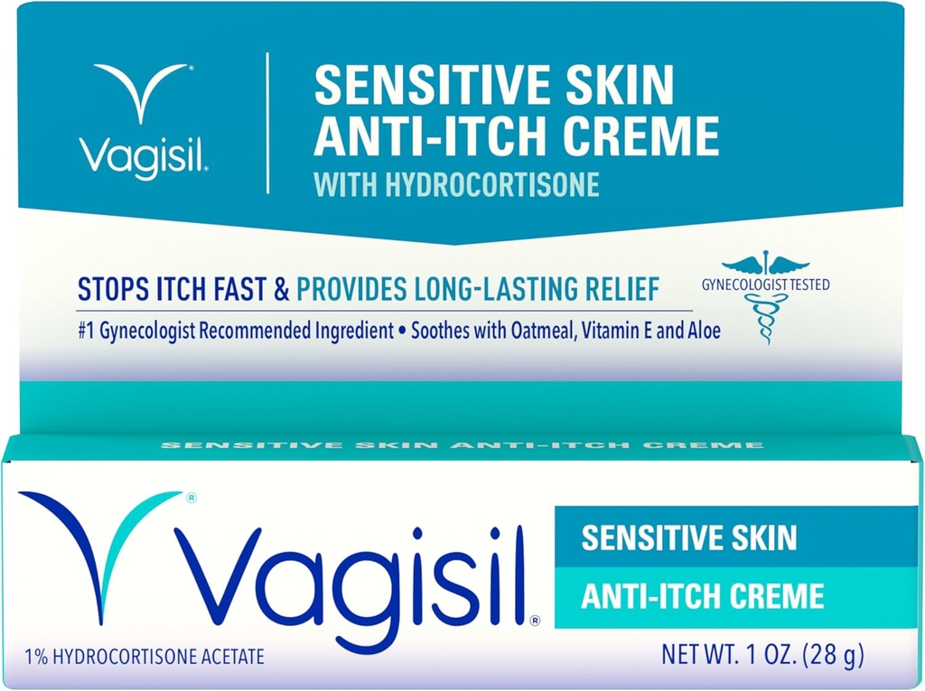 Vagisil Feminin Anti- Itch krém pro ženy, citlivá kožní formule s hydrokortizonem, pomáhá zmírnit podráždění kvasinkové infekce, Gynekolog Tested, Soothes & Cools, 1oz (balení po 1)