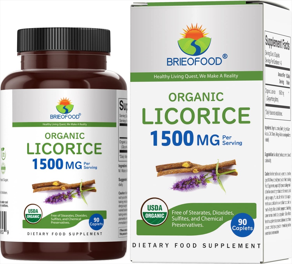 Brieofood Organic Licorice 1500mg, 45 Servings, Vegetarian, Gluten Free, 90 Vegetarian Tablety