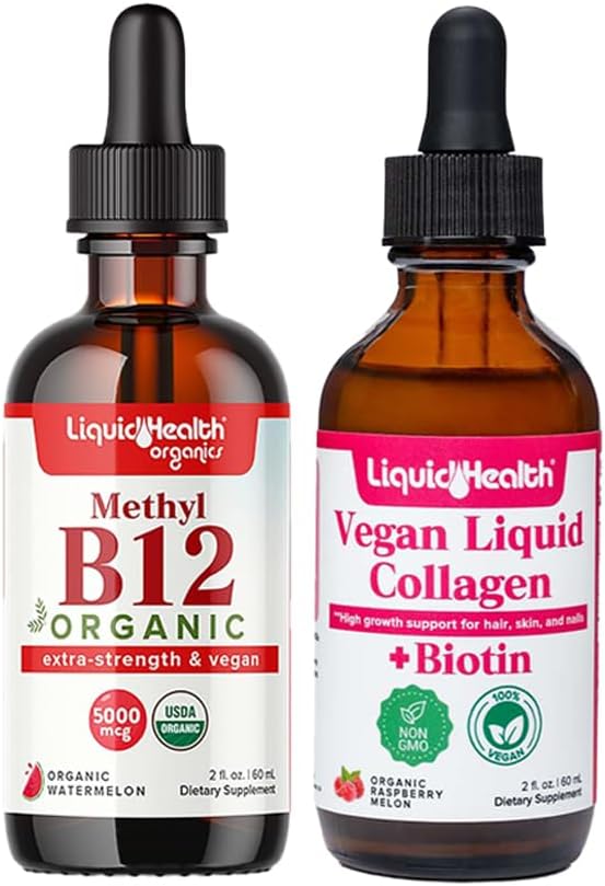 LIQUIDHEALTH Organic Methyl B12 5000mcg Vitamin Kapky s Tart Cherry Juice & 100% Vegan Plant- Based Collagen Plus Biotin Kaps - Natural Energy Boost, Zlepšit zaměření, Vlasy a růst nehtů, Kožní zdraví