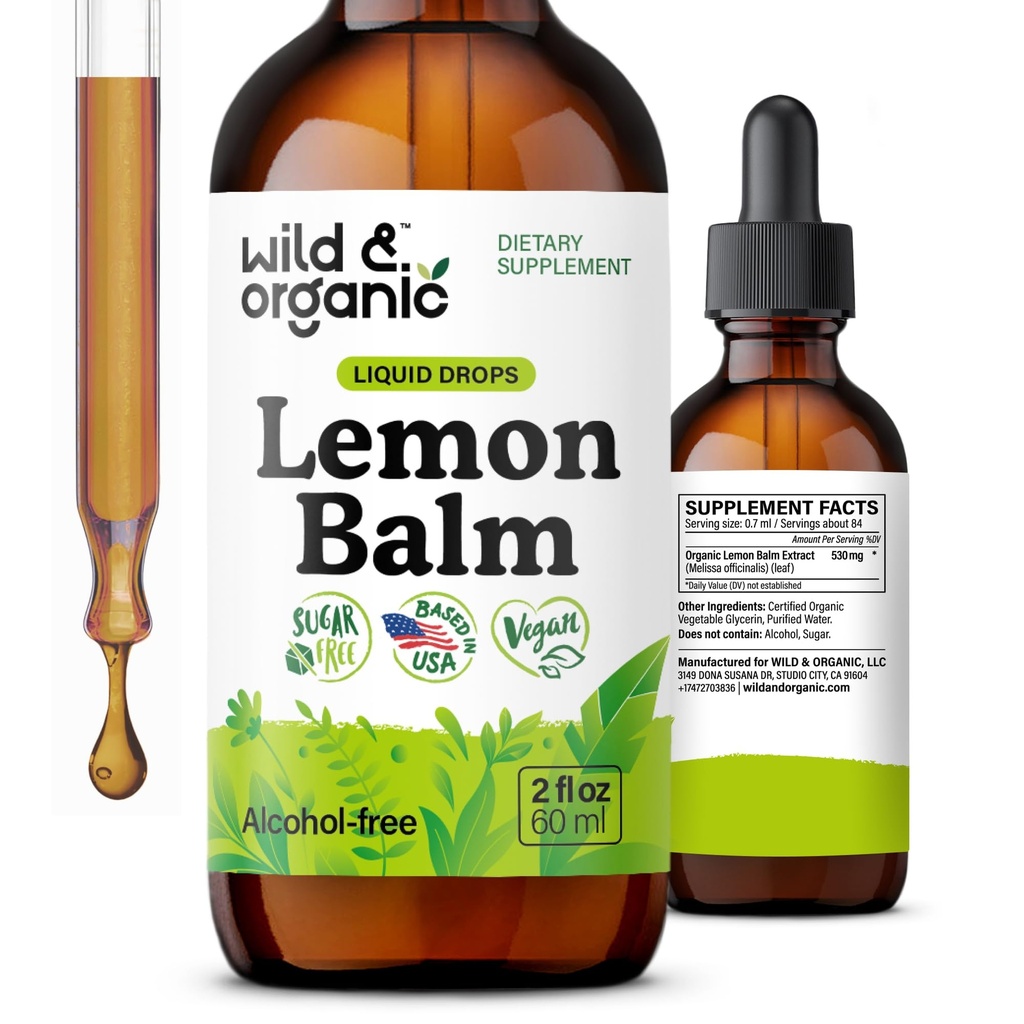 Wild & Organic Lemon Balm Drops - Relaxační Lemon Balm Leaf Extract Supplement - Calming Melissa Officinalis tinktura - Vegan, Cukr & Alcohol- Free - 2 fl oz