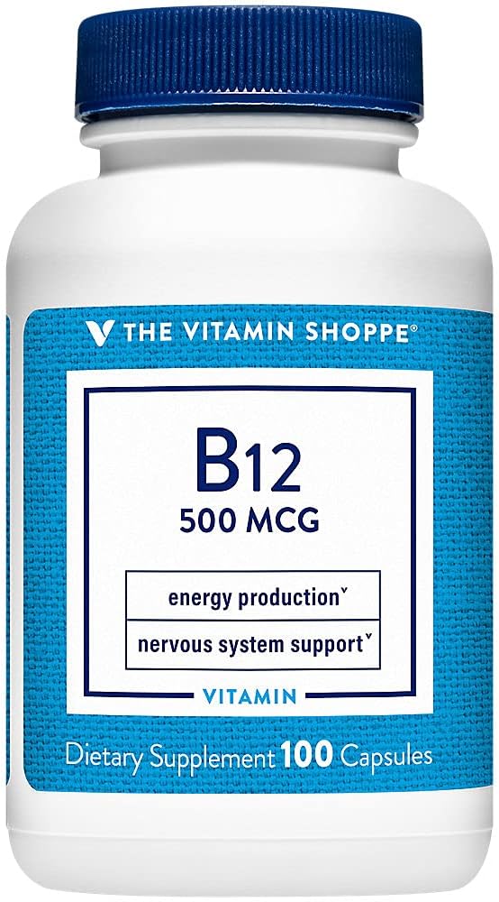 Vitamin Shoppe Vitamin B12 500mcg - Podporuje výrobu energie, jednou denně dietní doplněk - Vitamin B-12 (jako kyanokobalamin), gluten a mléčné výrobky zdarma (100 kapslí)