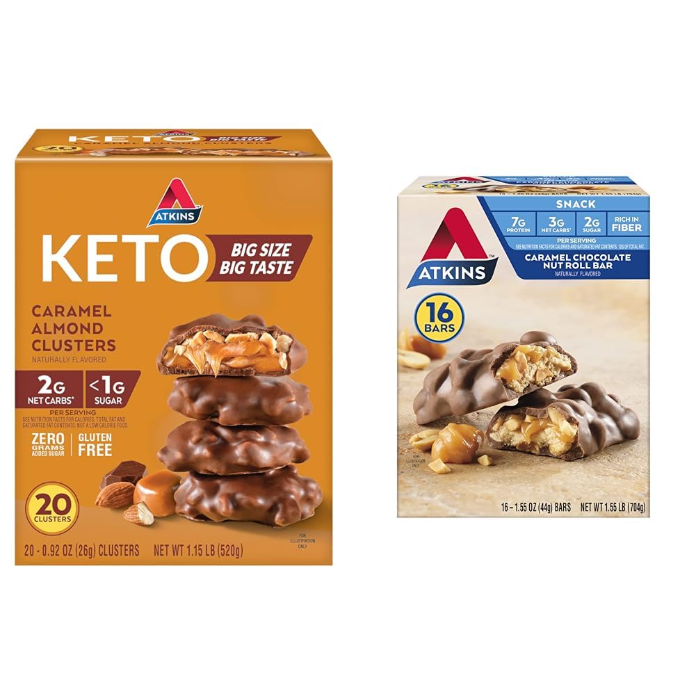 Atkins Karamelové mandle Clusters, gluten Free, High in Fiber, 1g Sugar, 2g Net Carb, Keto Friendly, 20 Count & Caramel Chocolate Nut Roll Snack Bar, Protein Snack, High in Fiber, 2g Cukr, 16 Počet