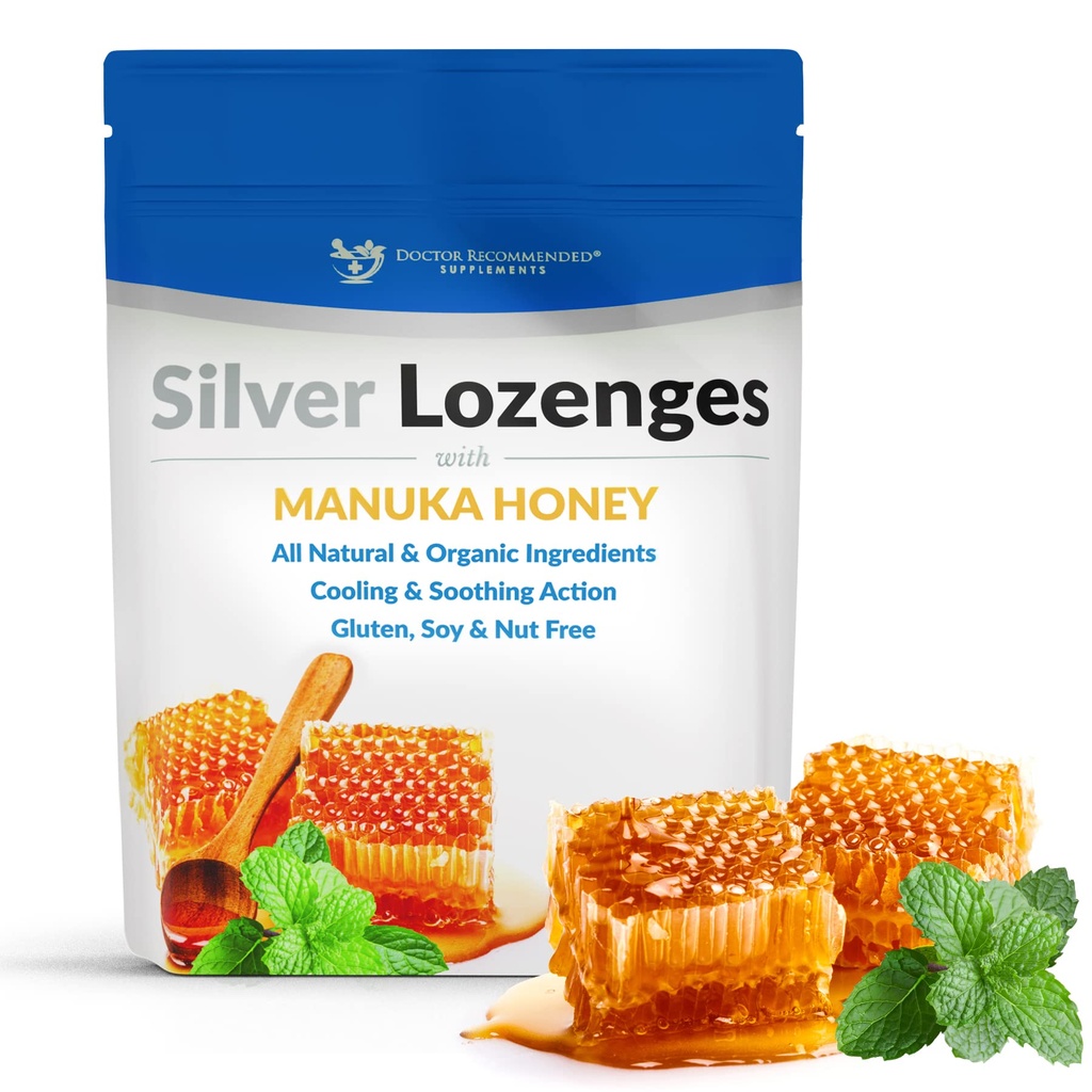Stříbrné Lozengy s organickým manuka med a vitamín C - All- Natural Nano Silver 45-50mcg 60 PPM koloidní stříbro Minerální kapky na podporu imunitního systému, Sooth, Cool Cough & Throat, 24- Lozenges