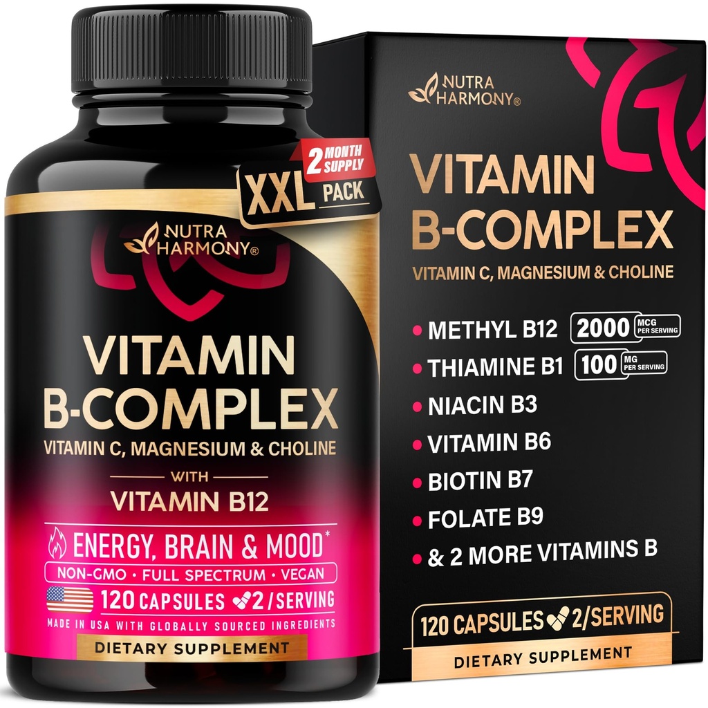 Vitamin B Complex pro muže a ženy - Made in USA - B-Complex: B1, B2, B3, B5, B6, B7, B8, B9, B12 with Vitamin C, Cholin, Inositol - Energy, Brain & Heart Supplement, 120 Vegan Kapsle