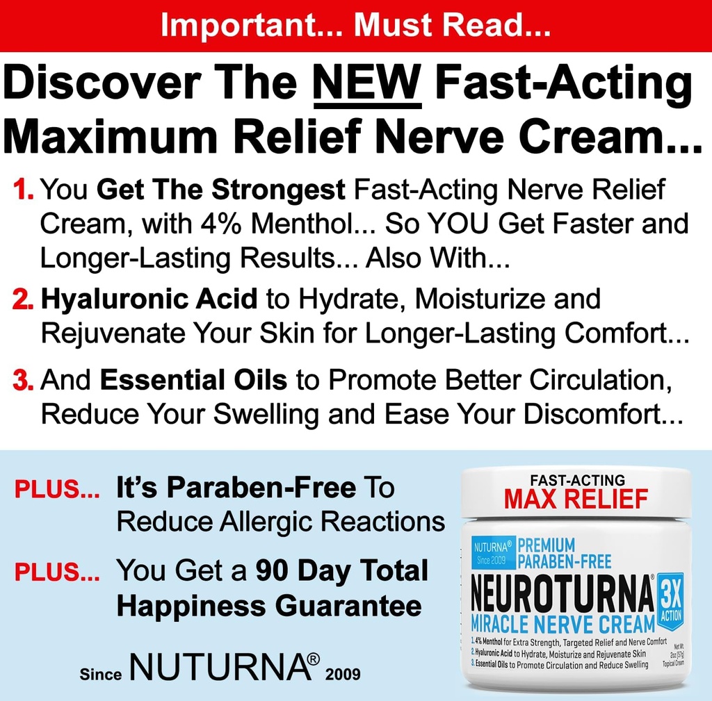 Nerve Relief Cream for Neuropatie - Premium Nerve Cream 3X Akce pro cílenou úlevu a Nerve Comfort - Maximální síla s 4% Menthol, Arnica, MSM pro nohy nohy & záda - 2 Oz