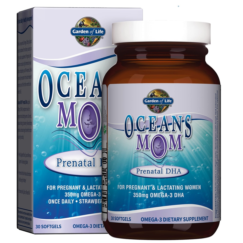 Zahrada života oceány Mom Prenatal Fish Oil DHA, Omega 3 Dodatek - Jahoda, 350mg Prenatal DHA Těhotenství Rybí Oil Podpora pro Mamas, Baby Brain & Eye Development, 30 Malé Softgels
