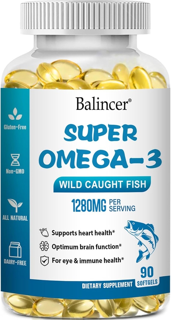 Omega 3 Doplňky rybího oleje, 1280 mg Omega-3 mastné kyseliny včetně EPA a DHA, Wild- Casted Burless Fish Oil doplňky podporuje srdce, mozek a oční zdraví, 90 Softgels