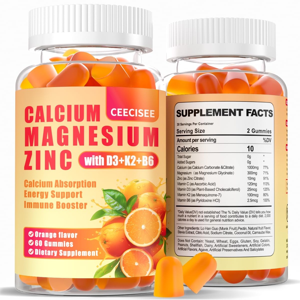 Vápník Magnesium zinkové gumy s D3 & B6 & K2,1000mg vápníkové gumy s 300mg Magnesium Podpora imunní energie pro dospělé a dospívající, bez cukru (120Count)
