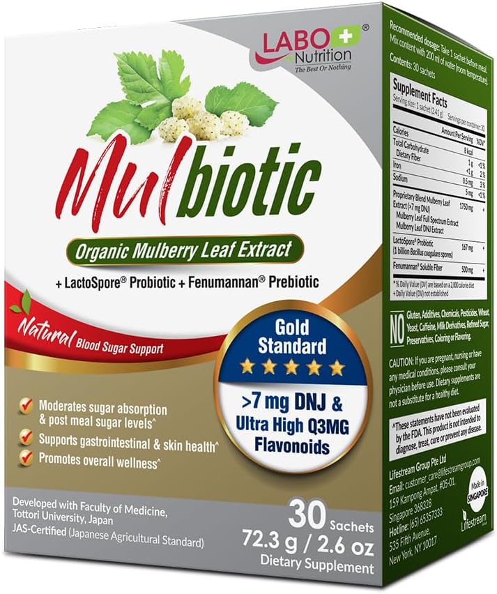 LABO Nutrition Mulbiotic, Organic Mulberry Leaf Extract + LactoSpore Probiotic & Fenumannan Prebiotic, for Carb Crawings Support, Vegetarian, Non- GMO