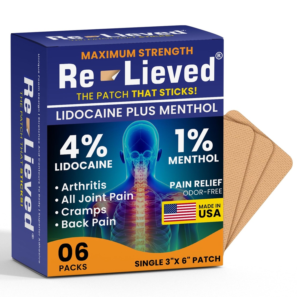 Relieved 4% Lidokain Patches with Menthol - Maximum Strength Pain Relief for Back, Knee & Muscle Pain - Fast- acting Medicated Patches - Made in USA - 6 Count