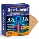 Relieved 4% Lidokain Patches with Menthol - Maximum Strength Pain Relief for Back, Knee & Muscle Pain - Fast- acting Medicated Patches - Made in USA - 6 Count