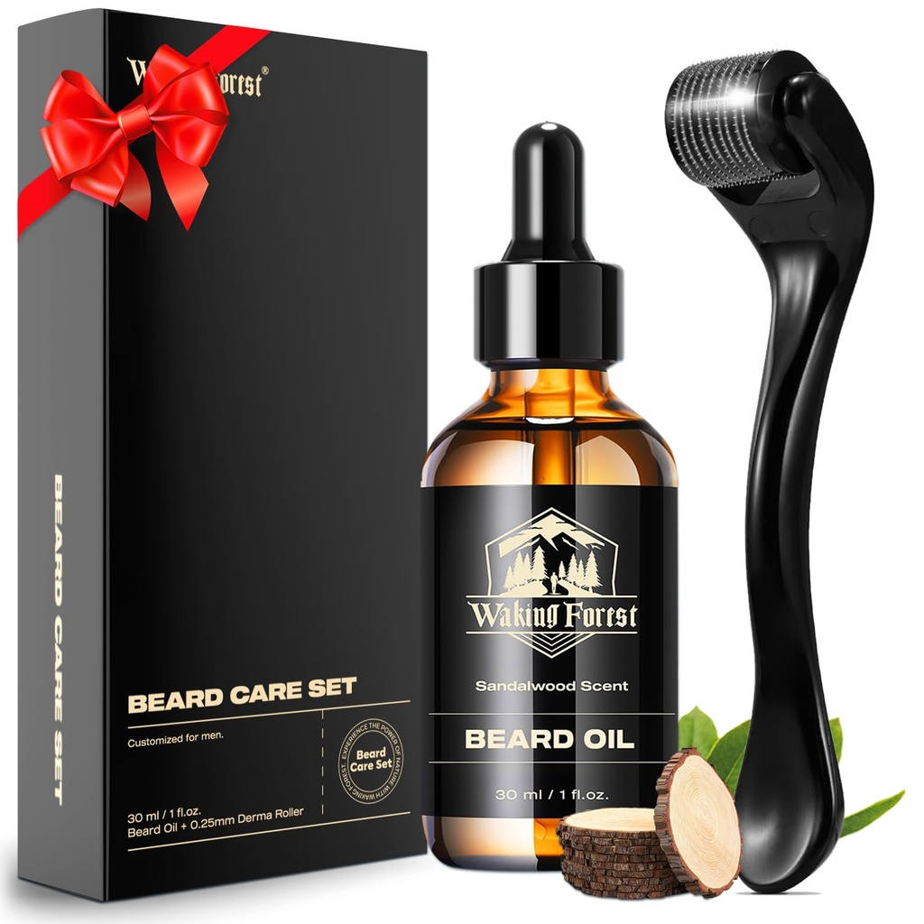 Waking Forest Derma Roller 0.25mm & Beard Oil (1oz), Sandalwood Beard Kit, Microneedle Beard Roller s 540 Titanium, Přírodní Moisturize s vitaminem E Beard Oil pro muže, Otcové přítel táta