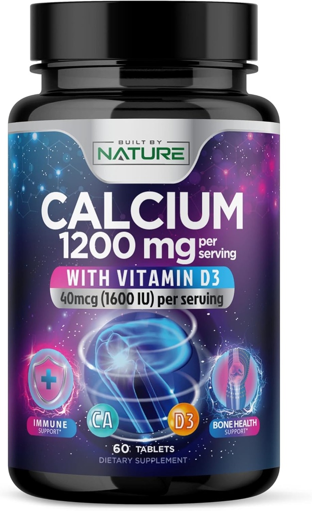 Vápník 1200mg s vitaminem D3 pro nejlepší absorpci - Advanced Bone Support Supplement, 1200 mg vápníku uhličitanu a 1600 IU vitaminu D3, pomalé uvolňování pro imunitní podporu, snadné spolknutí, 60 tablet