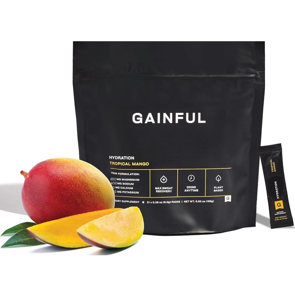 Gainful Hydration Powder Packets, Kofein zdarma s klíčovými elektrolyty hořčíku a sodíku, Energetická podpora, Nízký cukr, Tropické Mango, 21 Sticks